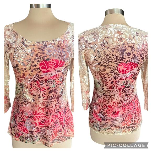 Carrie Allen VTG Floral Velvet Burnout 3/4 Sleeve LARGE Fairy Whimsy Tattoo Art - Picture 1 of 8